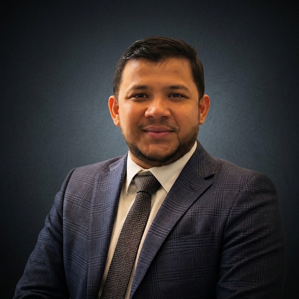 Abul Hasan Molla, your New York real estate guide, in a navy suit