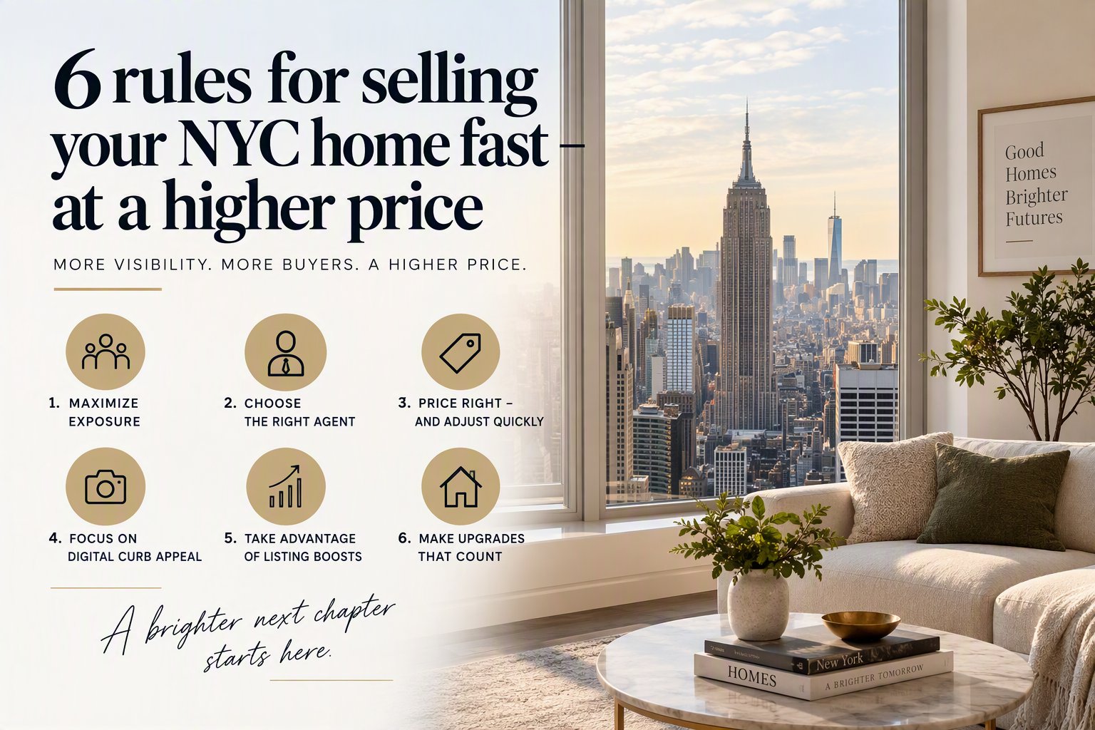 Summary graphic of the six rules: maximize exposure, choose the right agent, price right and adjust quickly, focus on digital curb appeal, take advantage of listing boosts, make upgrades that count.