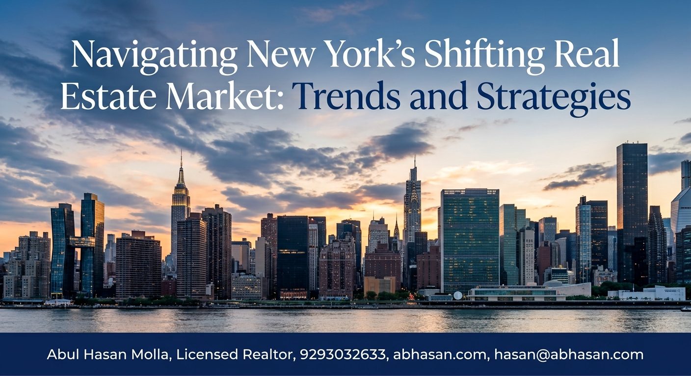 Cover graphic: Navigating New York’s Shifting Real Estate Market – Trends and Strategies, over the Manhattan skyline.