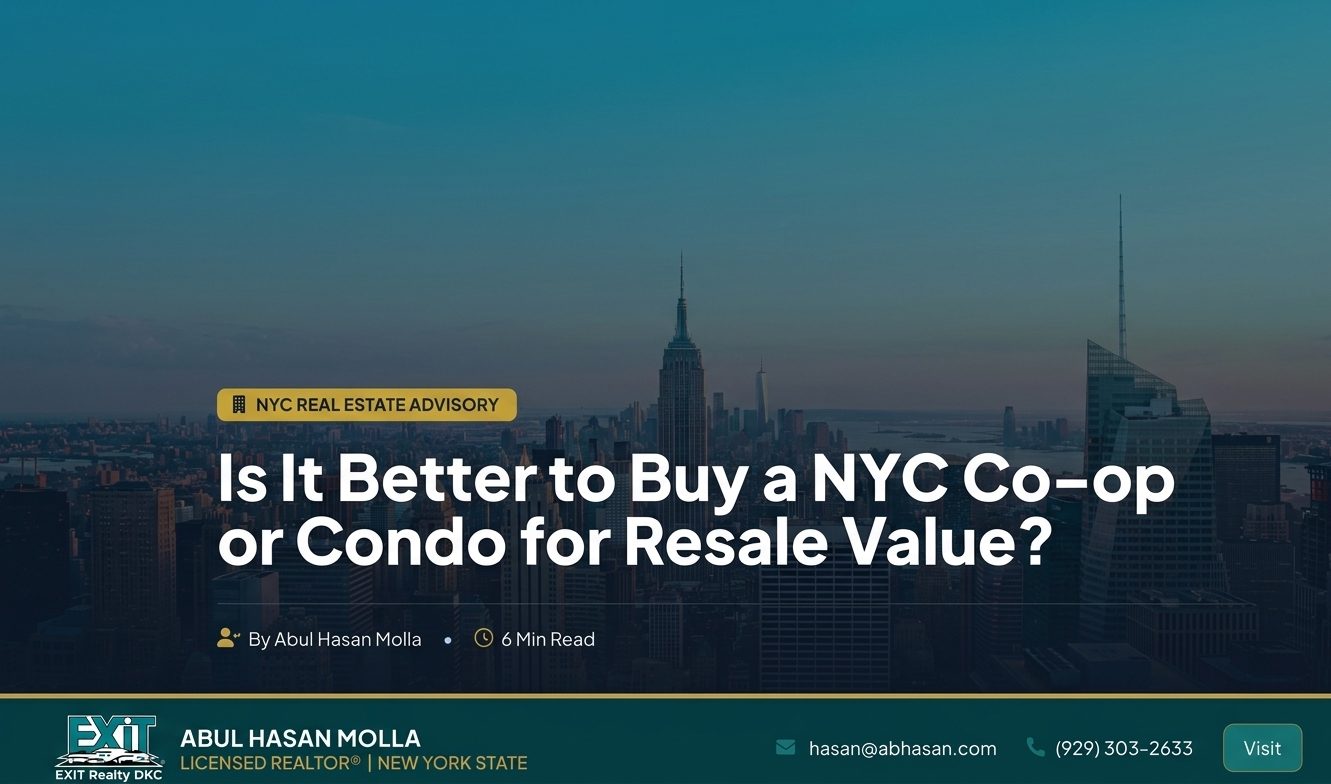 Cover graphic: Is It Better to Buy a NYC Co-op or Condo for Resale Value? Over a Manhattan skyline at dusk.
