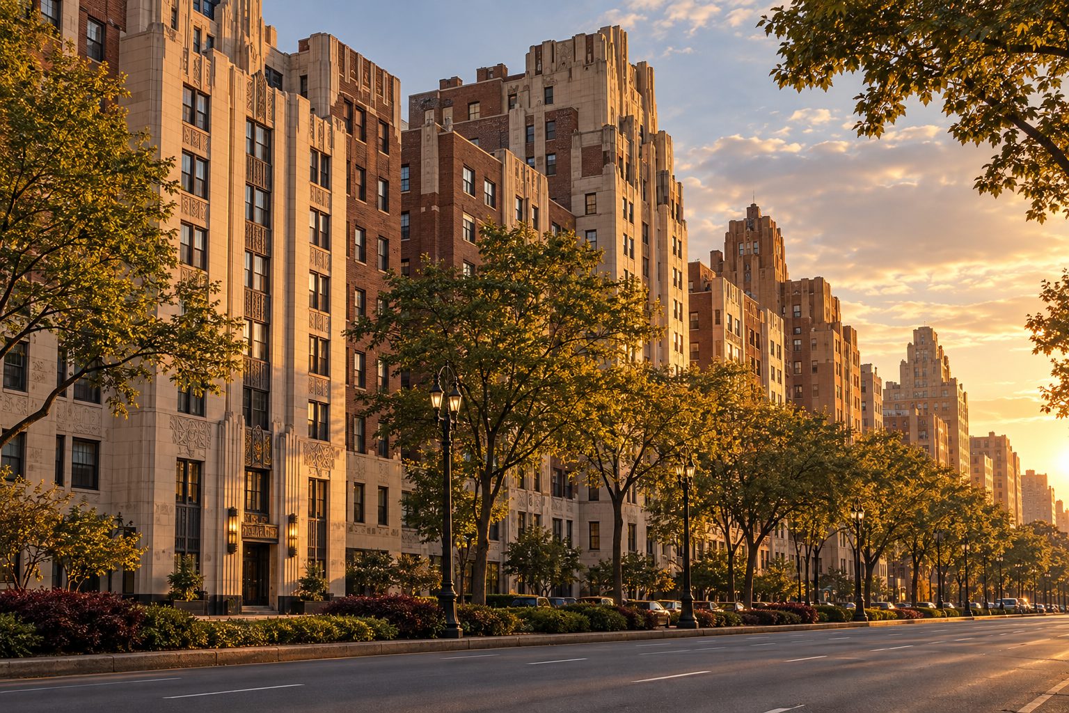 Art Deco apartment buildings along a wide, tree-lined boulevard in late-afternoon sun