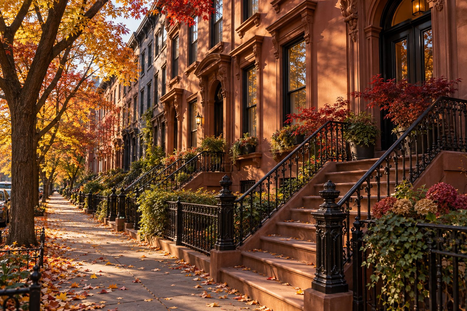 A tree-lined street of brownstones with stoops and iron railings in autumn