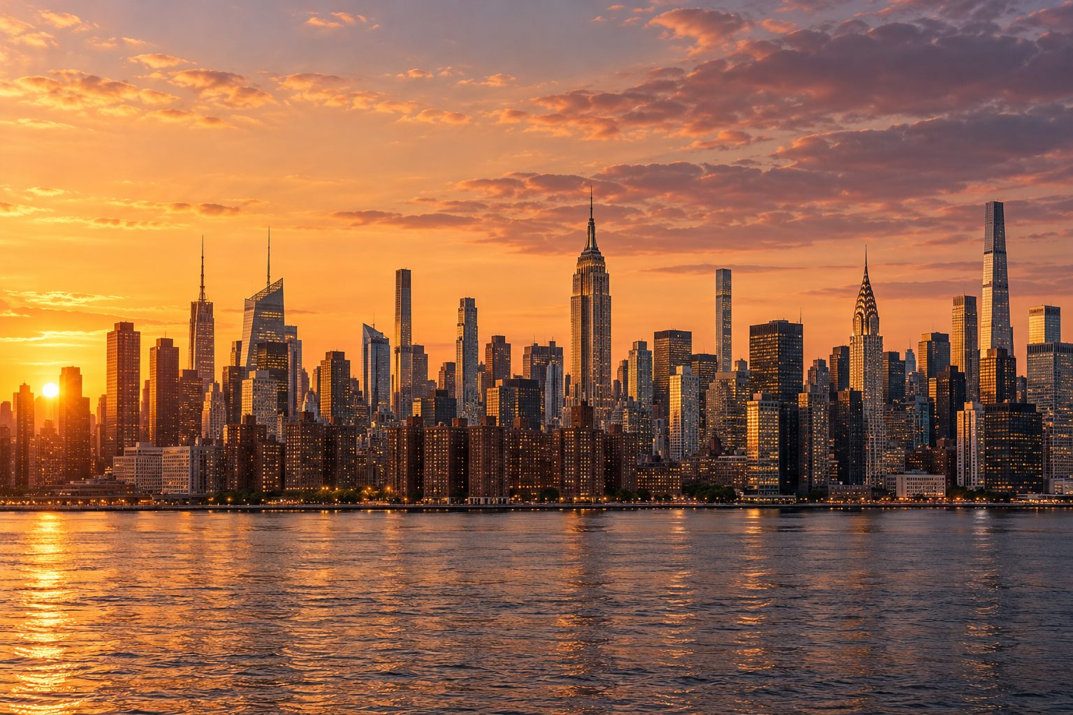 The Manhattan skyline across the East River at sunset