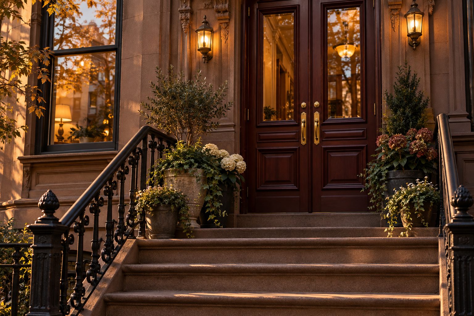 Brownstone front steps and a wooden double door lit by warm lanterns at dusk