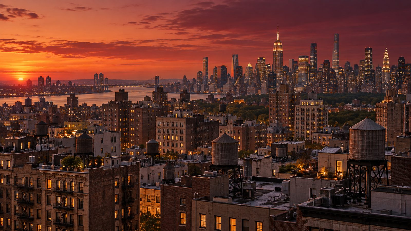 New York rooftops and water towers at dusk with the Midtown skyline beyond